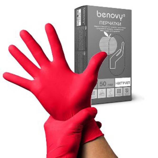 Benovy Перчатки нитриловые смотровые, неопудпенные, текстурные, однократного хлорирования, красные, L, 50 пар купить