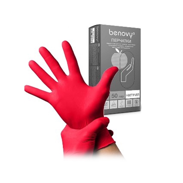 Benovy Перчатки нитриловые смотровые, неопудпенные, текстурные, однократного хлорирования, красные, L, 50 пар купить