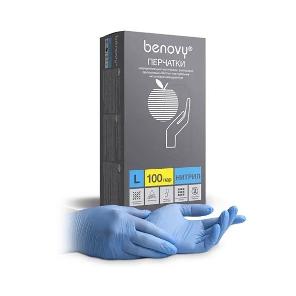 Benovy Перчатки медицинские нестирильные, неопудренные, текстурные на пальцах, голубые, L, 50 пар купить