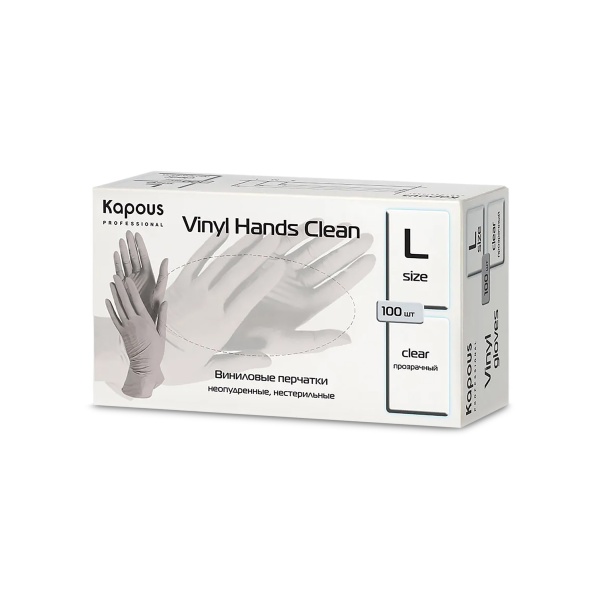 Kapous Виниловые перчатки неопудренные Vinyl Hands Clean, нестирильные, прозрачные, L, 100 шт купить